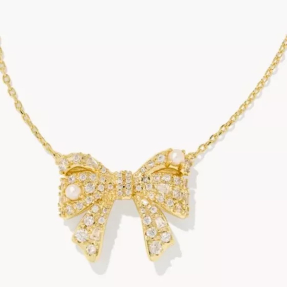 Kendra Scott Krista Gold Bow Short Pendant Necklace in White Mix In a Gift Box